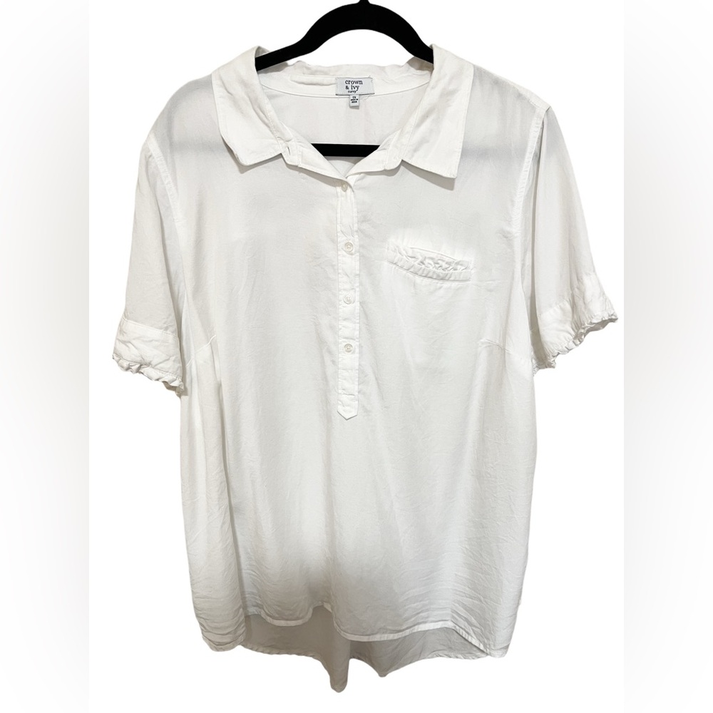 Croft & Barrow 2X Ruffle Half Button Shirt Preppy Capsule Resort Cottage White